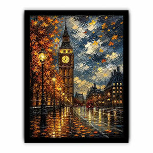 Rainy London Big Ben painting with autumn leaves and glowing street reflections