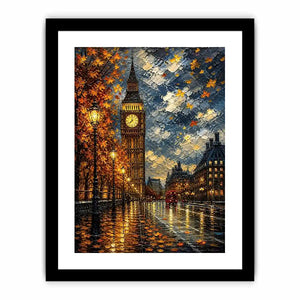 Rainy London Big Ben painting with autumn leaves and glowing street reflections