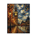 Rainy London Big Ben painting with autumn leaves and glowing street reflections