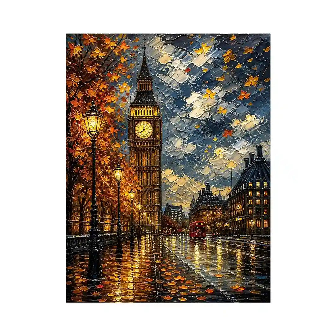 Rainy London Big Ben painting with autumn leaves and glowing street reflections