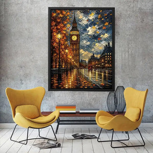Rainy London Big Ben painting with autumn leaves and glowing street reflections