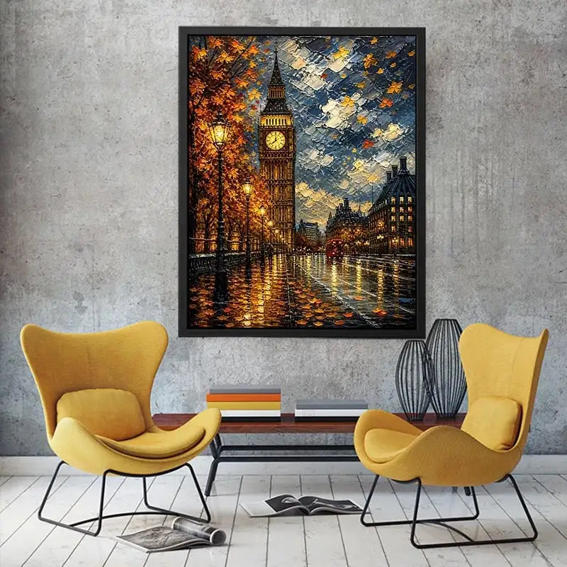 Rainy London Big Ben painting with autumn leaves and glowing street reflections