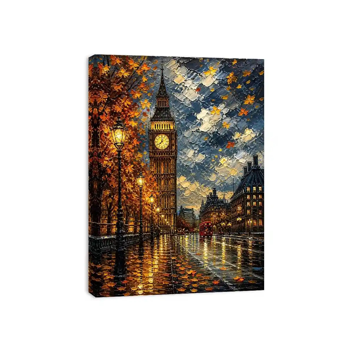 Rainy London Big Ben painting with autumn leaves and glowing street reflections