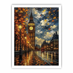 Rainy London Big Ben painting with autumn leaves and glowing street reflections