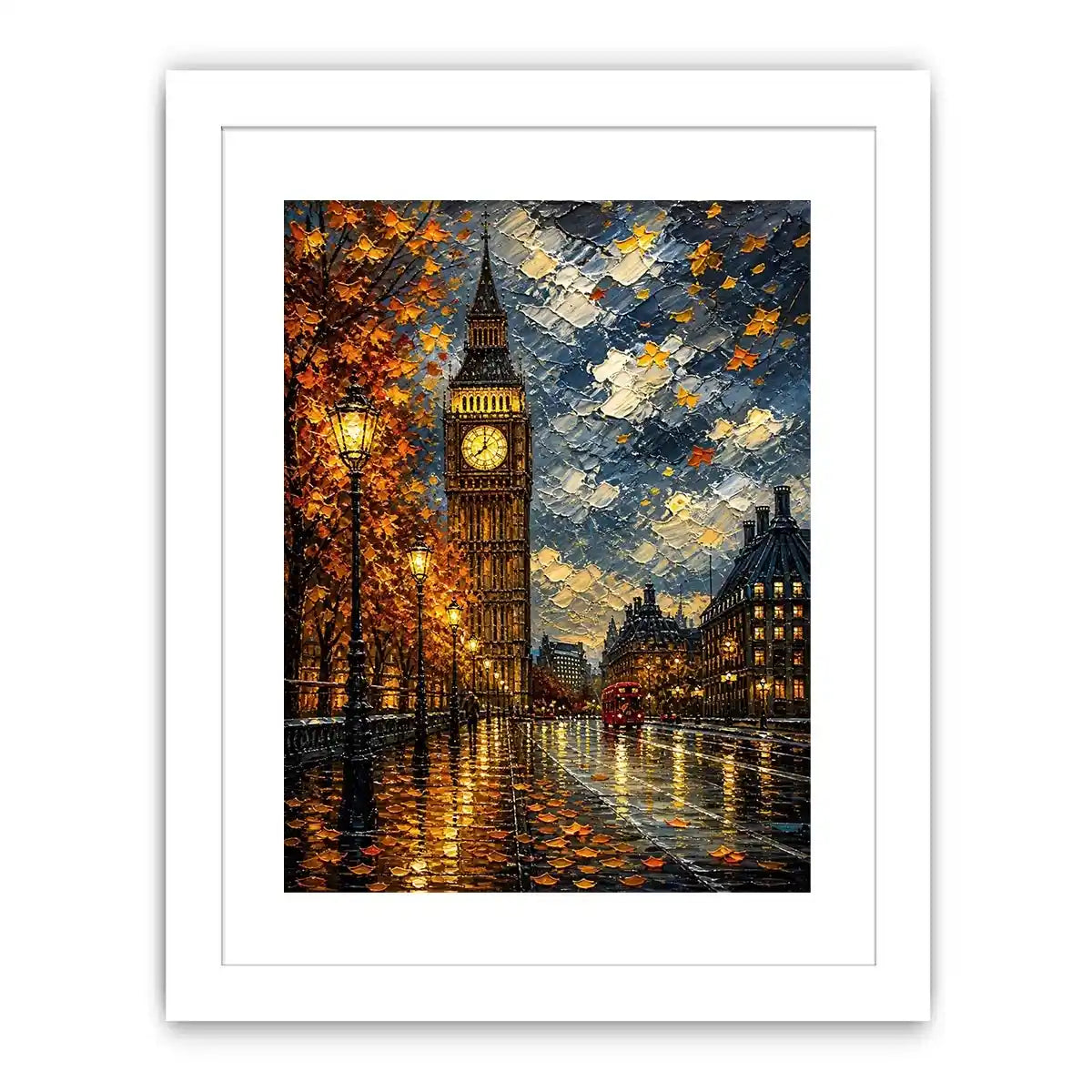 Rainy London Big Ben painting with autumn leaves and glowing street reflections
