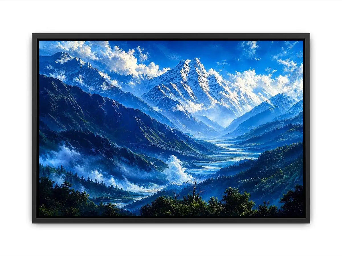 Modern blue mountain landscape wall art with serene valley, misty peaks and vibrant cool tones, luxury canvas for living room and bedroom decor