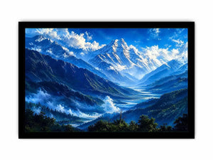 Modern blue mountain landscape wall art with serene valley, misty peaks and vibrant cool tones, luxury canvas for living room and bedroom decor