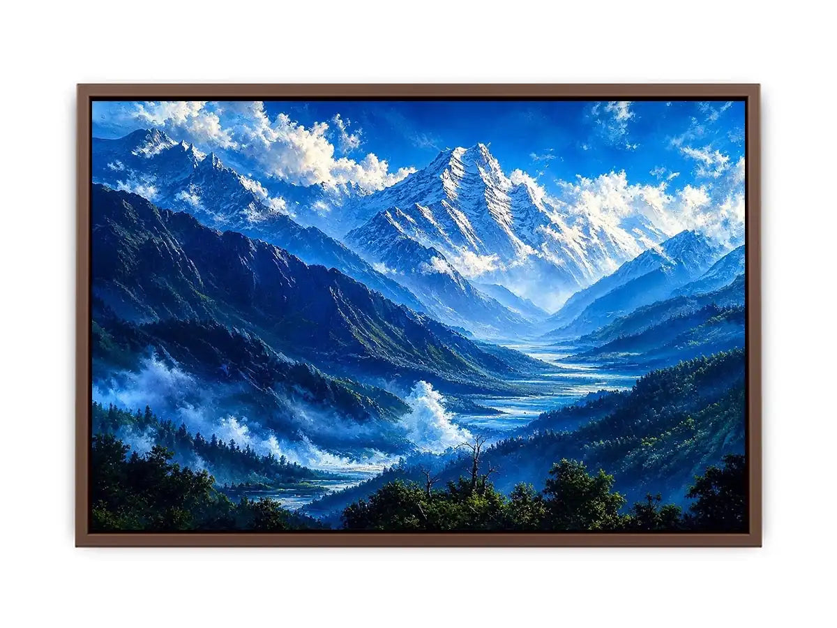 Modern blue mountain landscape wall art with serene valley, misty peaks and vibrant cool tones, luxury canvas for living room and bedroom decor