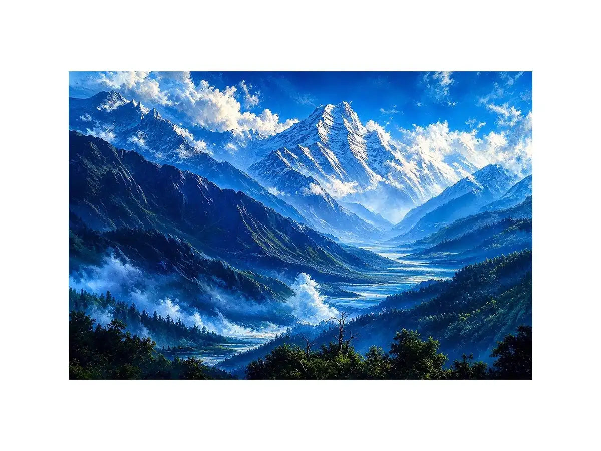 Modern blue mountain landscape wall art with serene valley, misty peaks and vibrant cool tones, luxury canvas for living room and bedroom decor