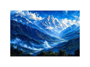 Modern blue mountain landscape wall art with serene valley, misty peaks and vibrant cool tones, luxury canvas for living room and bedroom decor