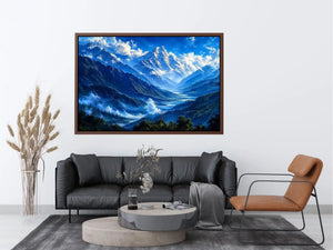 Modern blue mountain landscape wall art with serene valley, misty peaks and vibrant cool tones, luxury canvas for living room and bedroom decor