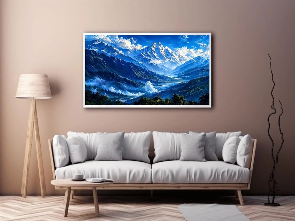 Modern blue mountain landscape wall art with serene valley, misty peaks and vibrant cool tones, luxury canvas for living room and bedroom decor
