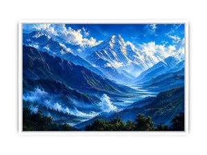 Modern blue mountain landscape wall art with serene valley, misty peaks and vibrant cool tones, luxury canvas for living room and bedroom decor