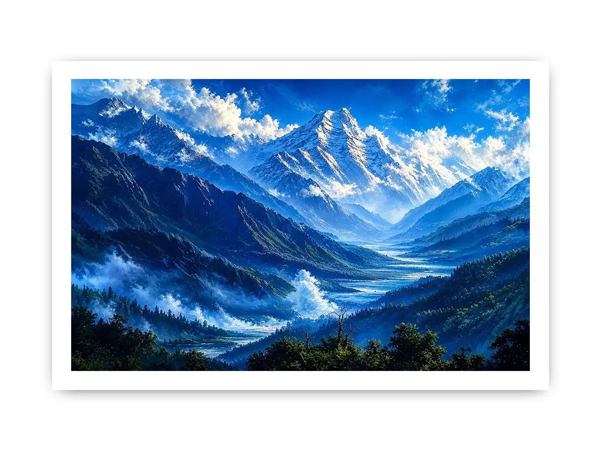 Modern blue mountain landscape wall art with serene valley, misty peaks and vibrant cool tones, luxury canvas for living room and bedroom decor