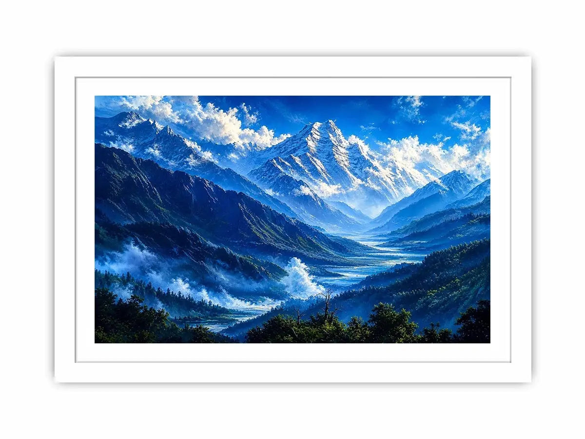 Modern blue mountain landscape wall art with serene valley, misty peaks and vibrant cool tones, luxury canvas for living room and bedroom decor