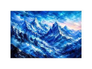 Abstract blue mountain wall art with misty peaks and cool tones, modern luxury canvas for serene living room and bedroom decor