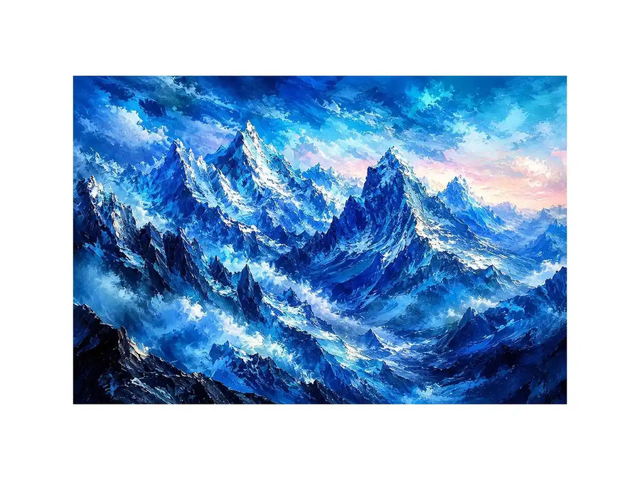 Abstract blue mountain wall art with misty peaks and cool tones, modern luxury canvas for serene living room and bedroom decor
