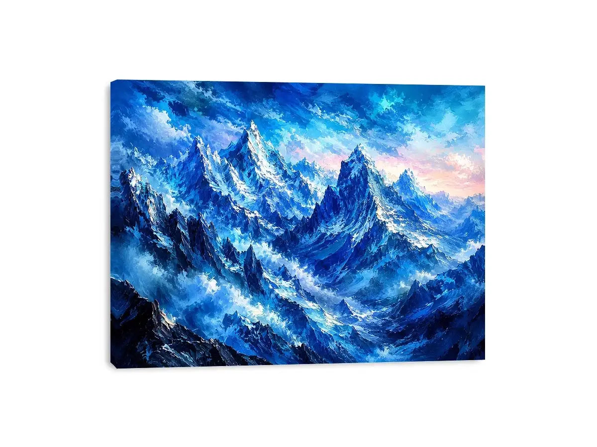 Abstract blue mountain wall art with misty peaks and cool tones, modern luxury canvas for serene living room and bedroom decor