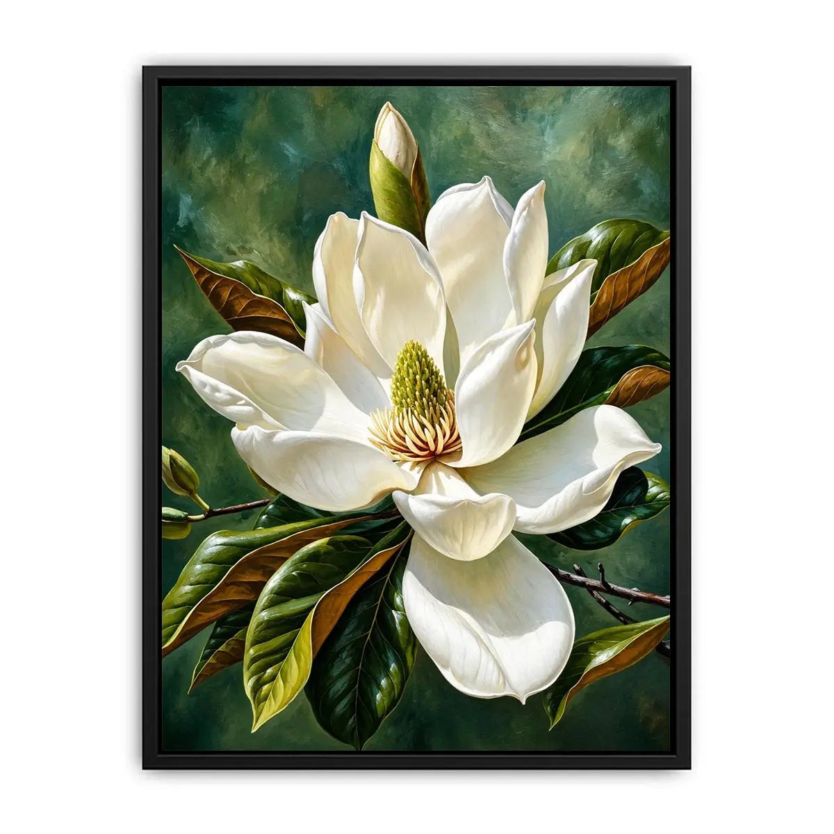 White magnolia flower wall art with soft green background, elegant botanical canvas for serene bedroom and living room decor