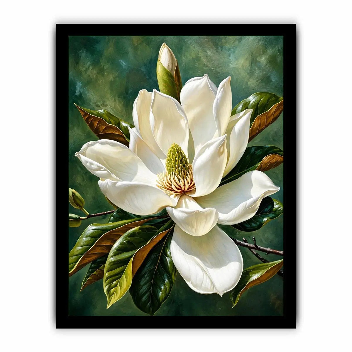 White magnolia flower wall art with soft green background, elegant botanical canvas for serene bedroom and living room decor