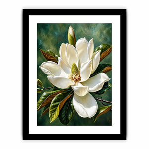 White magnolia flower wall art with soft green background, elegant botanical canvas for serene bedroom and living room decor