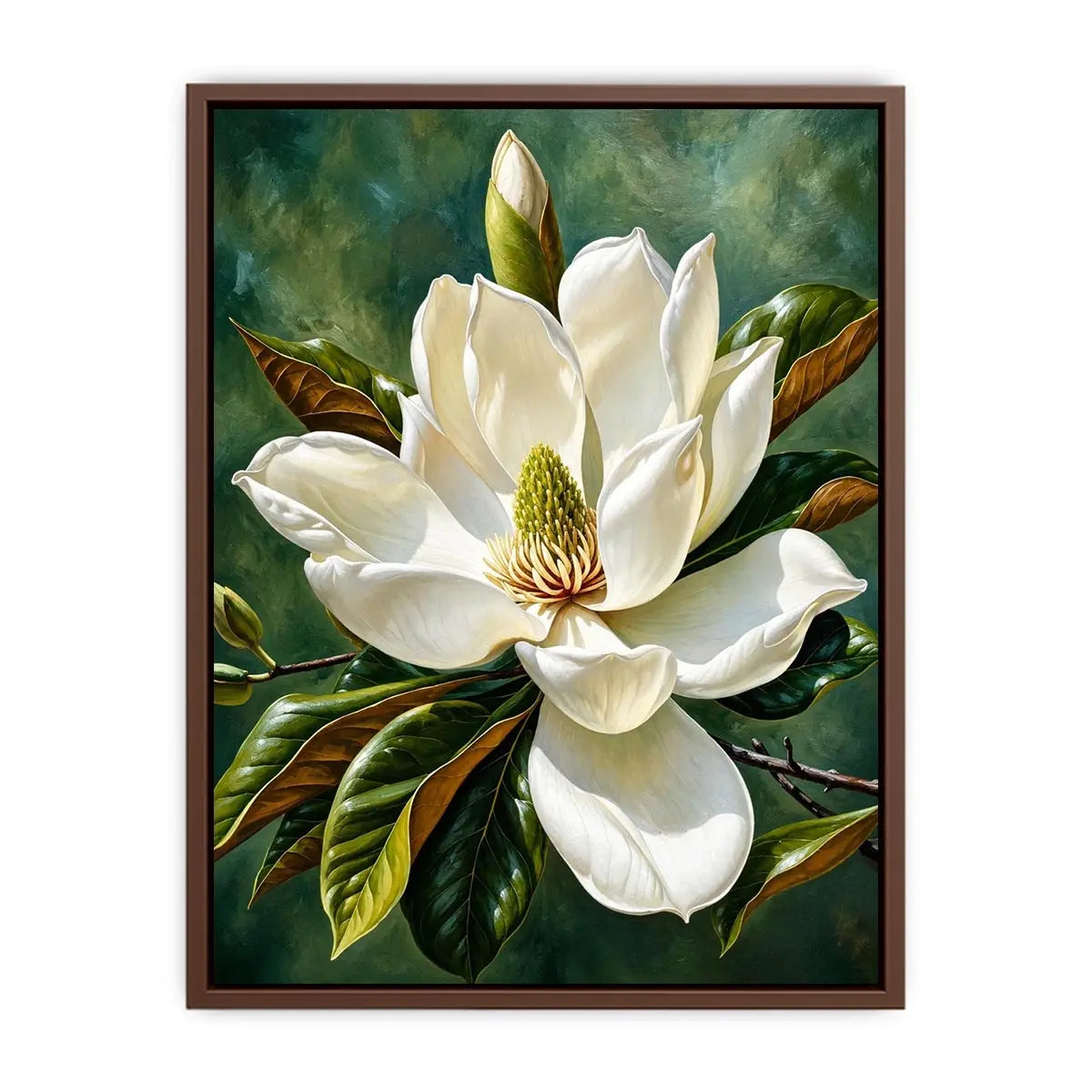 White magnolia flower wall art with soft green background, elegant botanical canvas for serene bedroom and living room decor