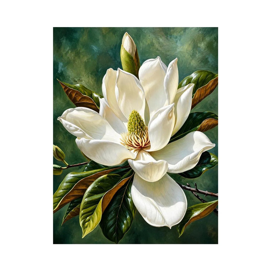 White magnolia flower wall art with soft green background, elegant botanical canvas for serene bedroom and living room decor