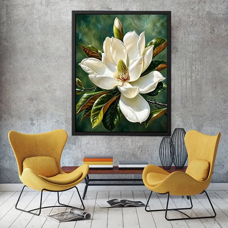 White magnolia flower wall art with soft green background, elegant botanical canvas for serene bedroom and living room decor