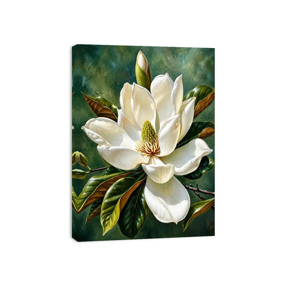 White magnolia flower wall art with soft green background, elegant botanical canvas for serene bedroom and living room decor