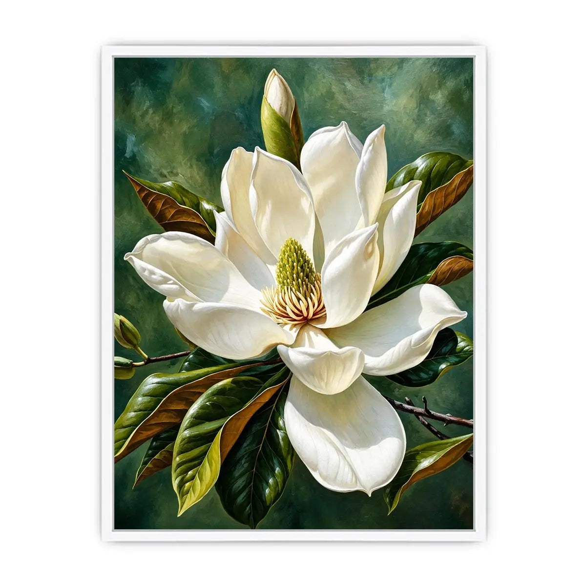 White magnolia flower wall art with soft green background, elegant botanical canvas for serene bedroom and living room decor