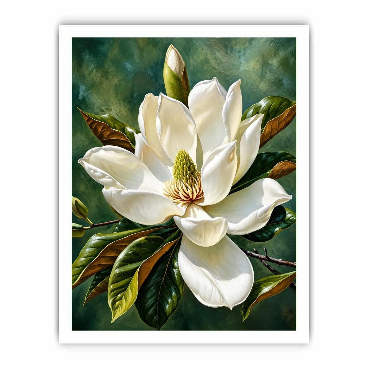 White magnolia flower wall art with soft green background, elegant botanical canvas for serene bedroom and living room decor