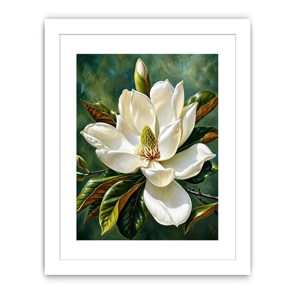 White magnolia flower wall art with soft green background, elegant botanical canvas for serene bedroom and living room decor