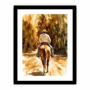 Rustic watercolor cowboy riding horse through earthy western landscape wall art