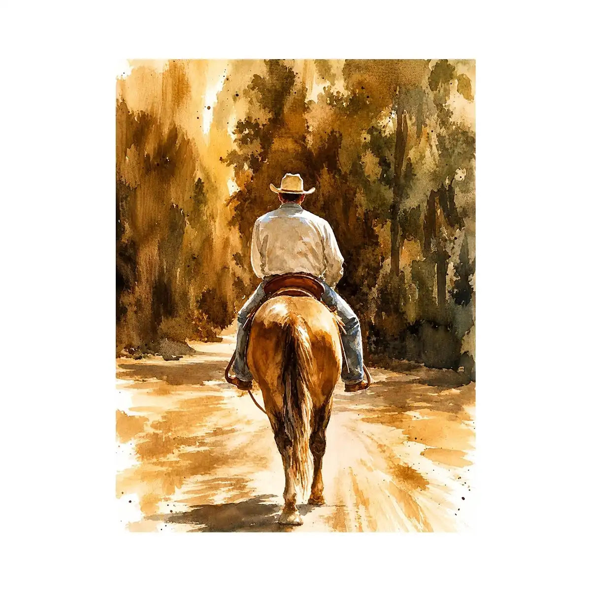 Rustic watercolor cowboy riding horse through earthy western landscape wall art