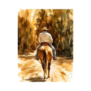 Rustic watercolor cowboy riding horse through earthy western landscape wall art