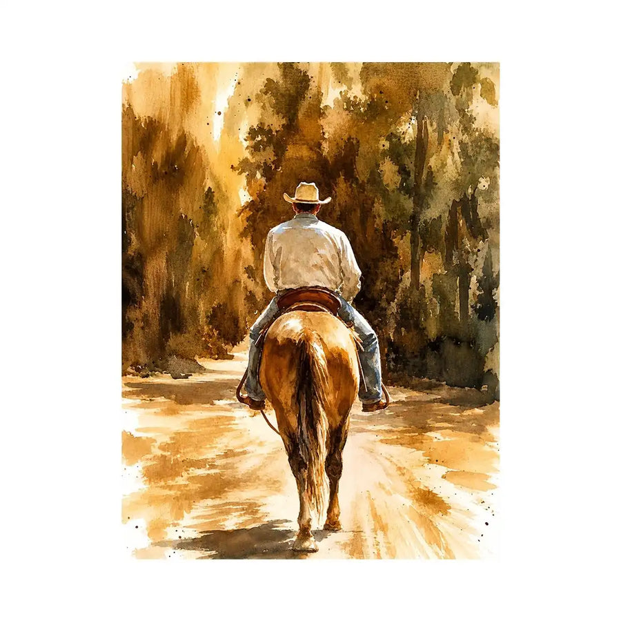 Rustic watercolor cowboy riding horse through earthy western landscape wall art