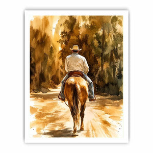 Rustic watercolor cowboy riding horse through earthy western landscape wall art
