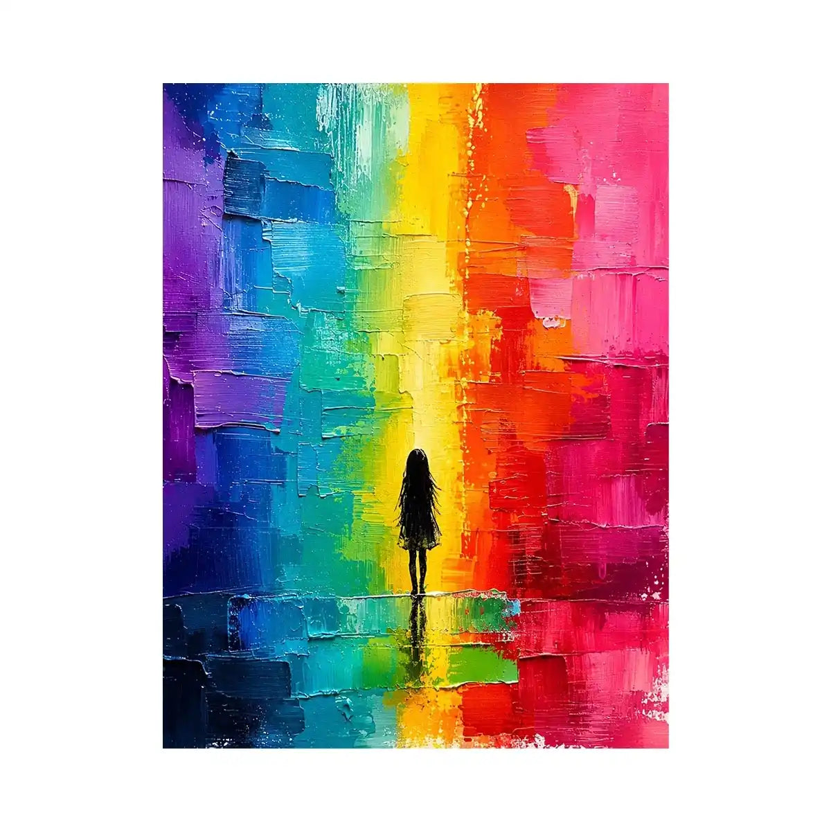 Colorful rainbow abstract painting with solitary silhouette and textured modern design