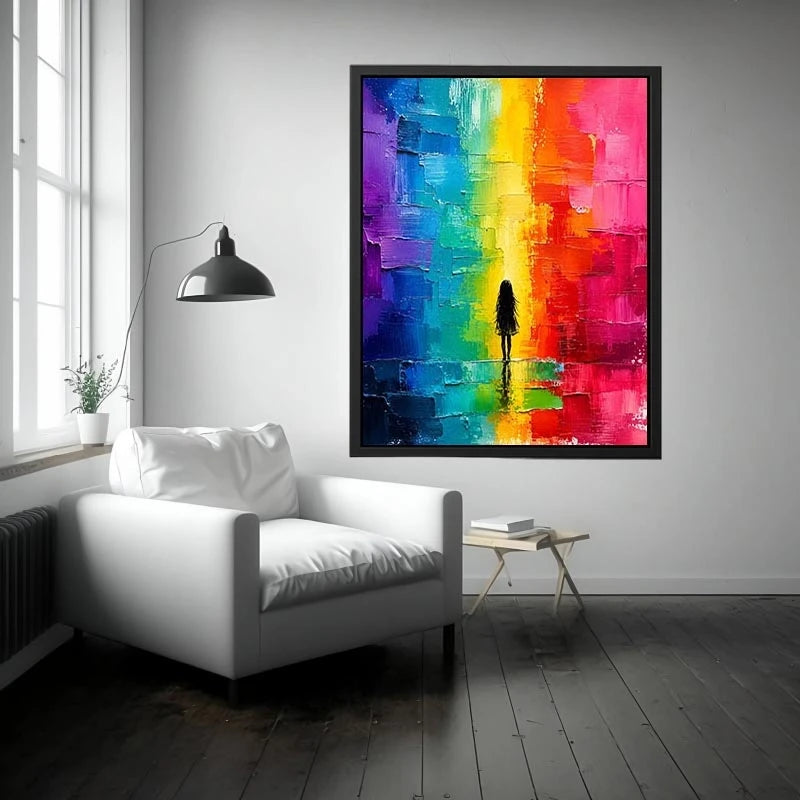 Colorful rainbow abstract painting with solitary silhouette and textured modern design
