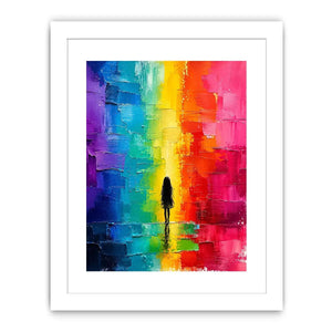 Colorful rainbow abstract painting with solitary silhouette and textured modern design
