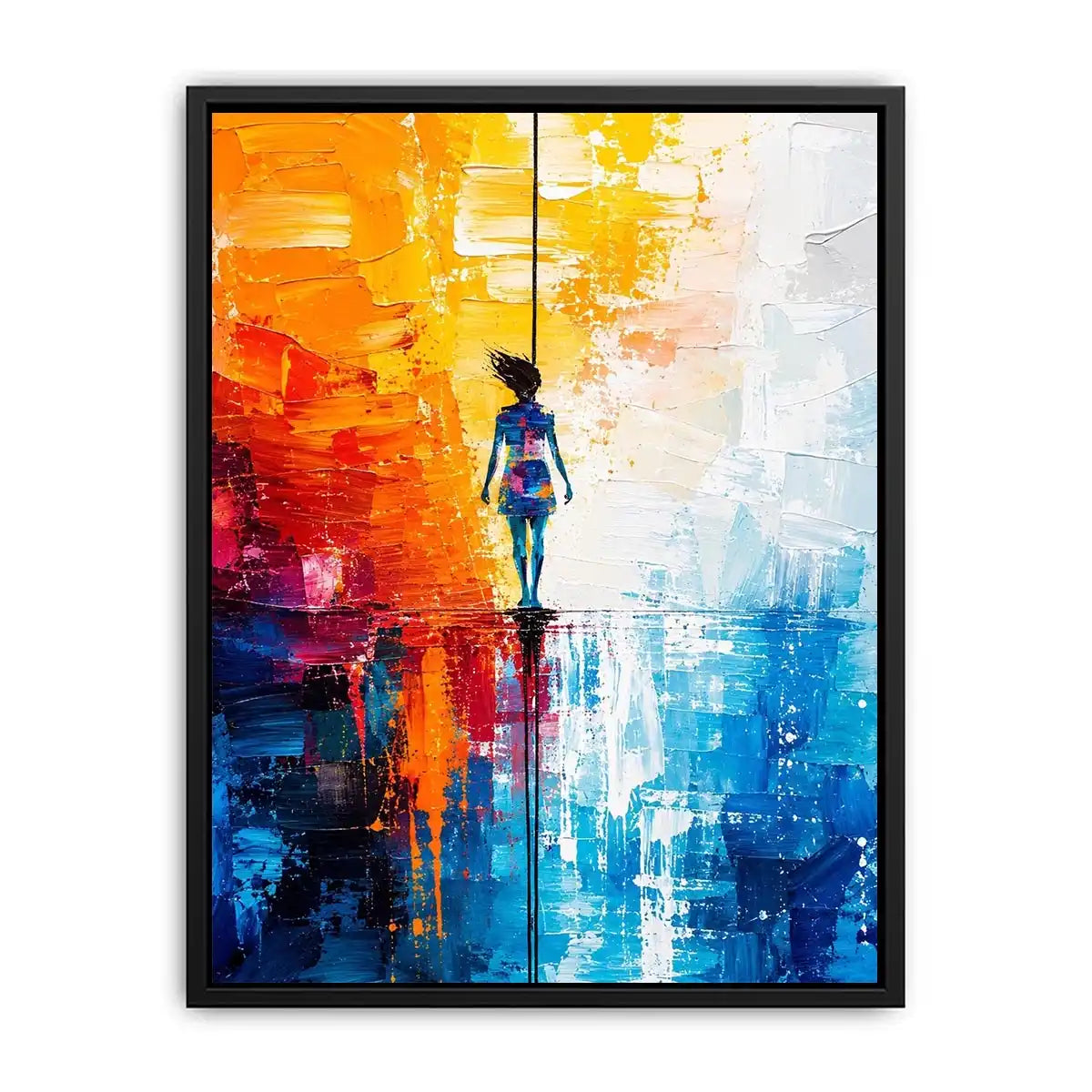 Modern abstract painting with colorful silhouette figure and vibrant textured background