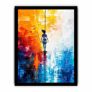 Modern abstract painting with colorful silhouette figure and vibrant textured background