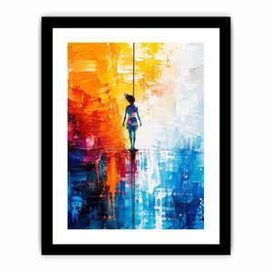 Modern abstract painting with colorful silhouette figure and vibrant textured background