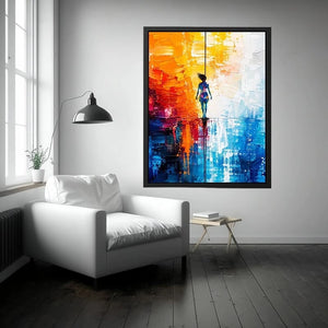 Modern abstract painting with colorful silhouette figure and vibrant textured background