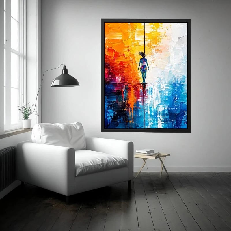 Modern abstract painting with colorful silhouette figure and vibrant textured background