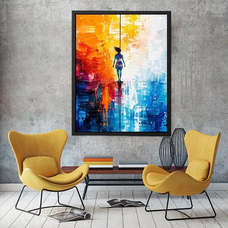 Modern abstract painting with colorful silhouette figure and vibrant textured background