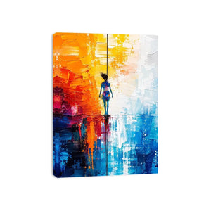 Modern abstract painting with colorful silhouette figure and vibrant textured background