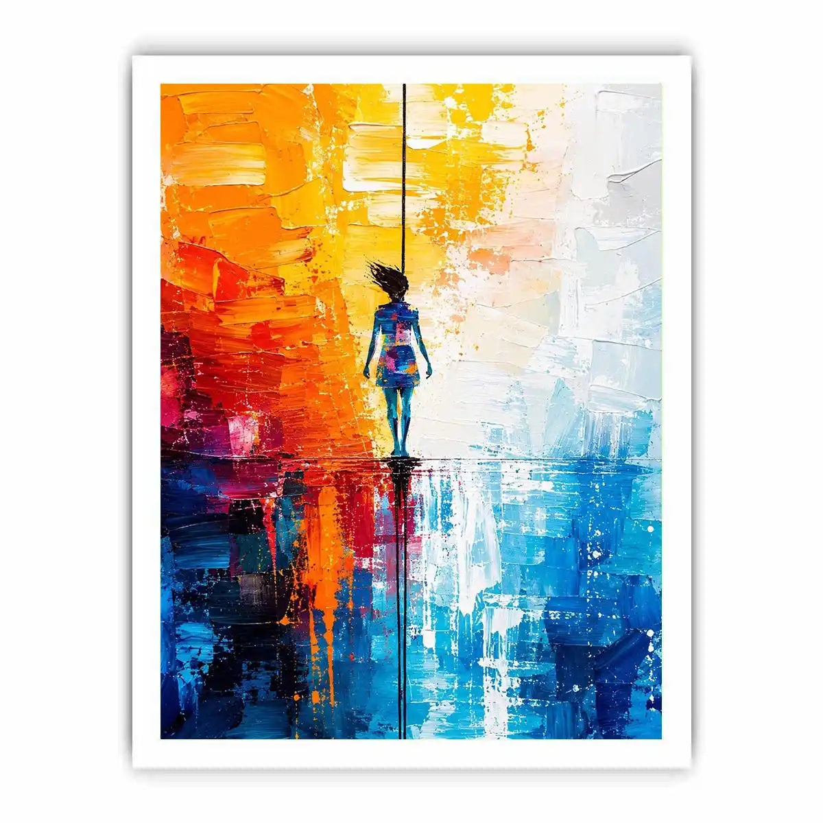 Modern abstract painting with colorful silhouette figure and vibrant textured background