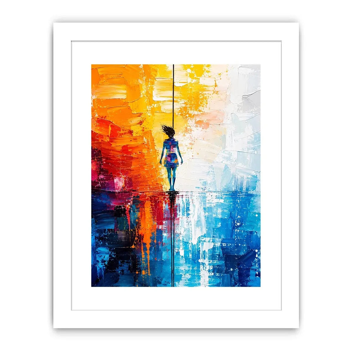 Modern abstract painting with colorful silhouette figure and vibrant textured background