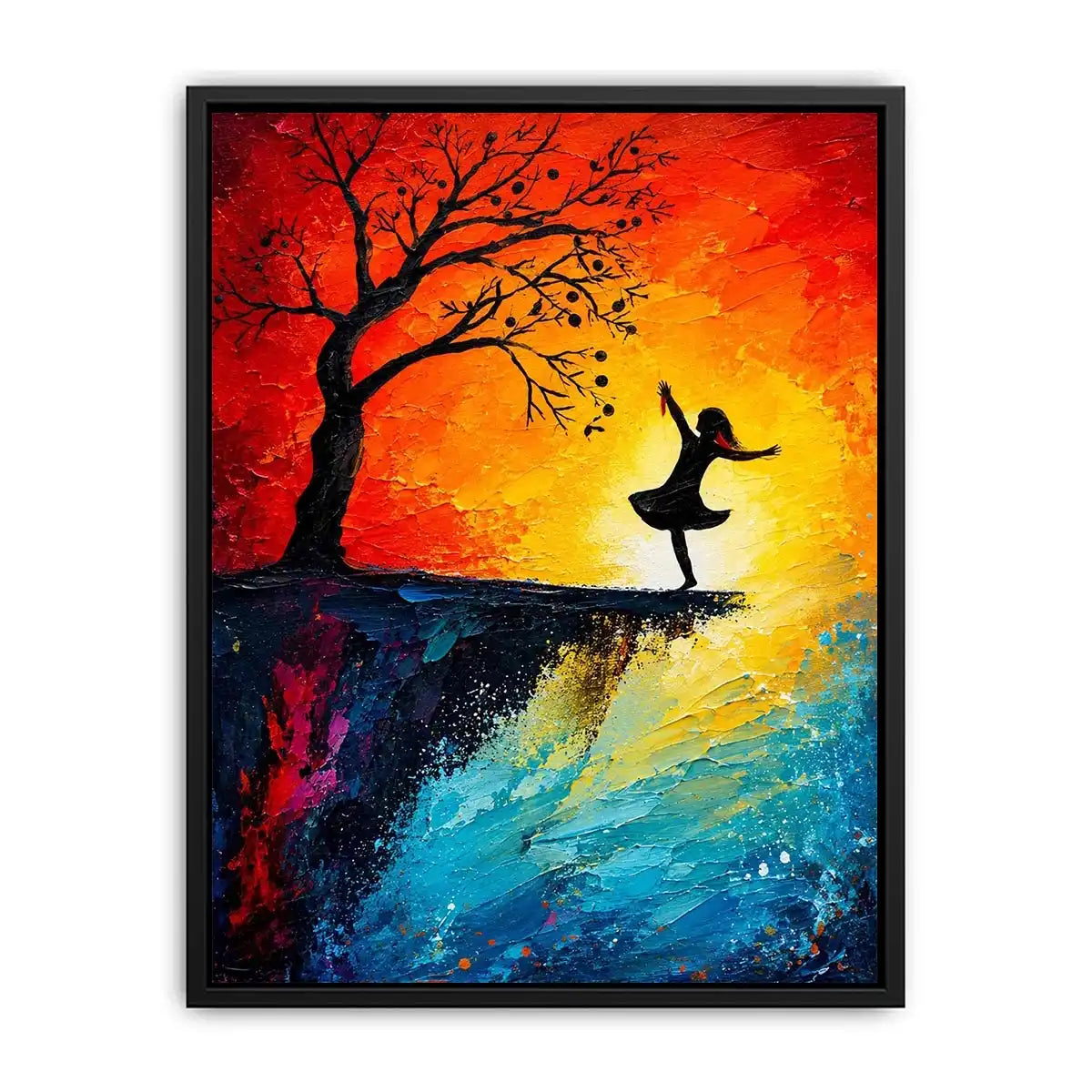 Whimsical abstract painting of dancing girl silhouette beneath tree with vibrant sunset colors